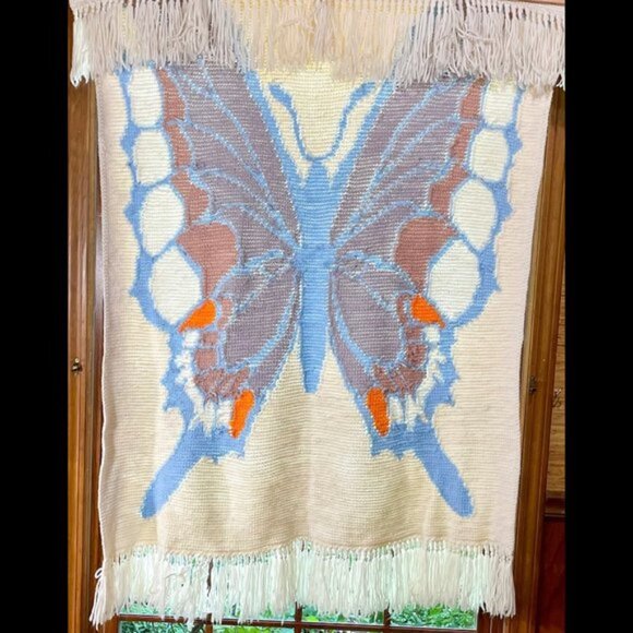 ▪️VTG▪️Folk Art OOAK Handmade Crochet Butterfly Throw Twin Bed Festival Blanket - Picture 6 of 8